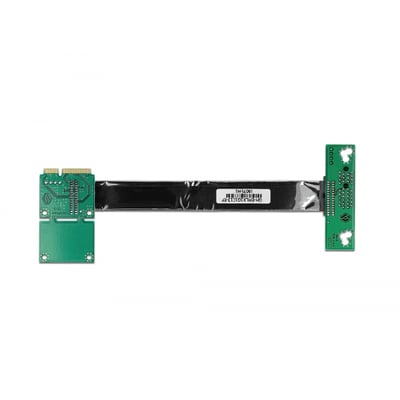 DeLock riser card forbinder mini PCI Express med PCI Express x1 via et fleksibelt kabel på hvid baggrund.
