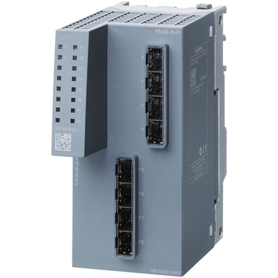 Siemens PE400-8SFP port extender til Scalance XM400, med 8 x 100/1000 Mbit/s SFP porte, vist på hvid baggrund.