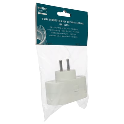 Nordic Quality 2-vejs stik i hvid emballage, der viser produktet og dets specifikationer på dansk.