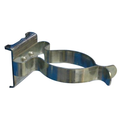 Fjederklemme med bagplade fra Maskinfabrikken Universal, Ø50mm, fremstillet af metal med dobbelte nitter og en fjederfunktion.