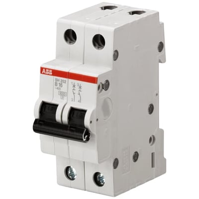 ABB SH202-B10 2-polet automatsikring med hvidt hus og sorte betjeningsgreb, set skråt forfra og fra siden.