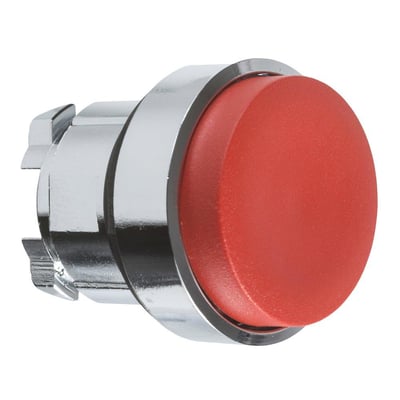 Schneider Electric Harmony Style 4 ophøjet rød trykknap set forfra, med tydelig krom-ring og mat rød trykflade.