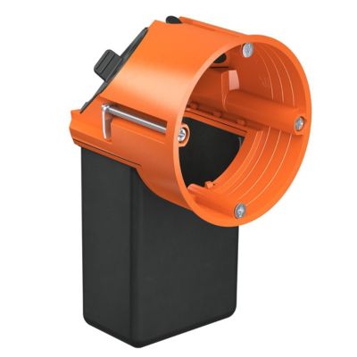 Sidevisning af Kaiser elektronikdåse med udvendig låsemekanisme og kabelgennemføringer, Ø68 mm, dybde 75 mm.