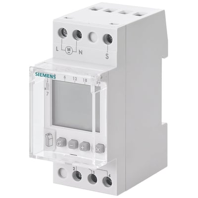 Siemens digitalt ugeur Astro med 1-kanals astro-funktion og 2 modulstørrelse til DIN-skinne montage med tydelig LCD-skærm og betjeningsknapper.