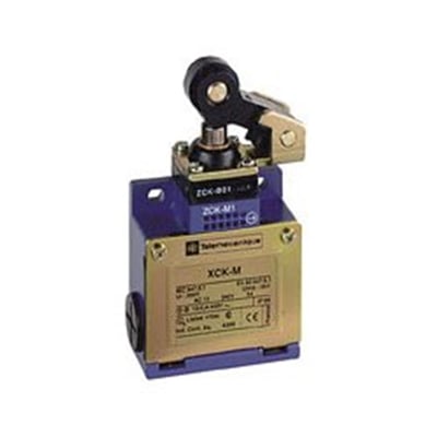 Sidebillede af Schneider Electric XCK-M endestop fremstillet i robust metal, med tydelig stempelarm med rulle.
