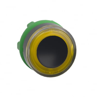 Schneider Electric ZB5 trykknaphoved med gul LED-ring og plan trykflade, der viser en integreret gul lysende ring på hvid baggrund.