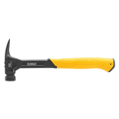 DeWalt stålhammer på 16 oz set fra den modsatte side med det gule håndtag og mærkningen på hovedet.