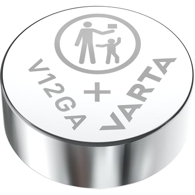 Nærbillede af et enkelt Varta V12GA/LR43 knapcellebatteri med Varta logo og 'V12GA' på den flade side.