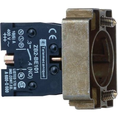 Schneider Electric kontaktdel ZB2BZ102 med 1 slutte-kontakt (NO), fremstillet af sort plast med metalmonteringsbeslag.