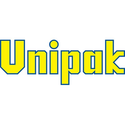 Unipak logo med gul skrift og blå kant på hvid baggrund, fremhæver mærkets identitet.