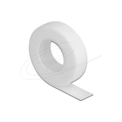 Hvid hook-and-loop tape fra DeLock på rulle med en løs ende; tapen er 1 meter lang og 13 mm bred.