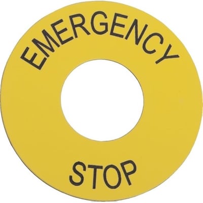 Schneider Electric Emergency Stop skilt på 45 mm i diameter, vist med gul baggrund og sort tekst for høj synlighed.