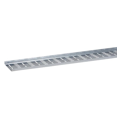 Detaljeret vinkel af en Wibe W4 kabelplade, der viser perforeringer og materiale af varmgalvaniseret stål.