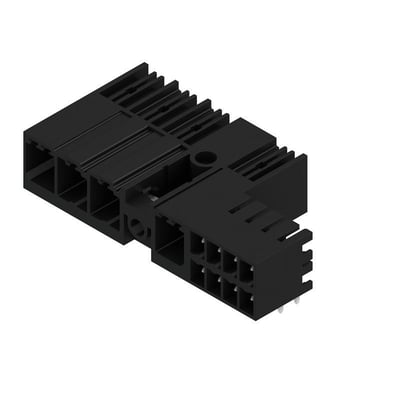 Sort Weidmüller-hybridkonnektor til printplade med fire poler, 7,62 mm afstand og 90° udgående vinkel.