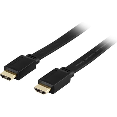 Deltaco fladt HDMI-kabel med guldbelagte stik, High Speed med Ethernet, 5 meter langt og sort.