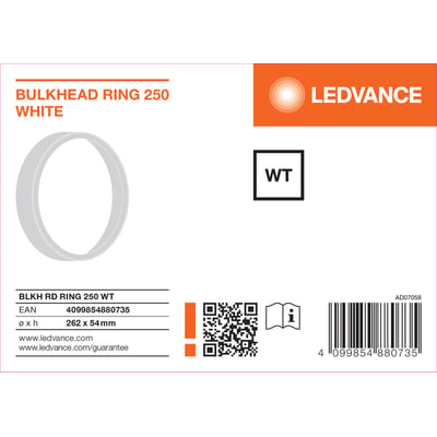 Emballagegrafik for LEDVANCE hvid dekorationsring til Surface Bulkhead Outdoor, 250 mm, med ringtegning og mål.
