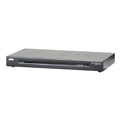 Aten SN9116 er en sort seriel konsolserver med 16 porte, set skråt forfra med statusindikatorer på fronten.