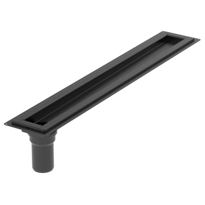 Detaljeret billede af Blücher Waterline baderumsrende i sort, med synlig ramme og mørk Ø50 mm lodret udløbsstuds i rustfrit stål.