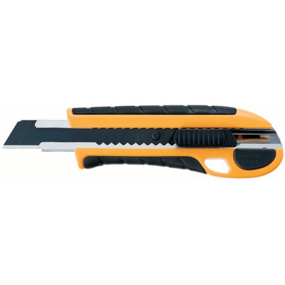 Kniv Gripfit L-22 med 18 mm klemlås, gummibelagt Non-Slip greb i orange og sort med synligt Power Black blad og låsemekanisme.