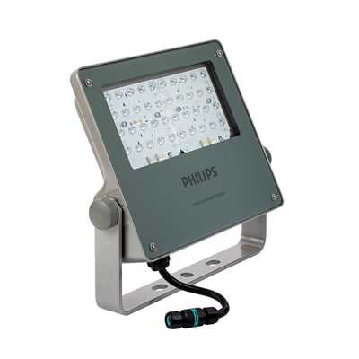 Philips CoreLine Tempo Medium BVP125 Gen2-projektør med gråt hus, synlige LED'er og monteringsbøjle, set skråt forfra.