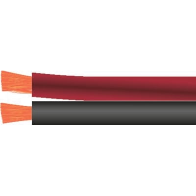 Radaflex tvillingkabel i rød og sort med 10 mm² kobberledere på hvid baggrund, vist med afskårne ender.