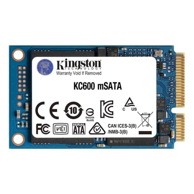 Kingston KC600 mSATA-SSD på 512 GB med blå printplade, guldkontakter og hvid produktetiket.