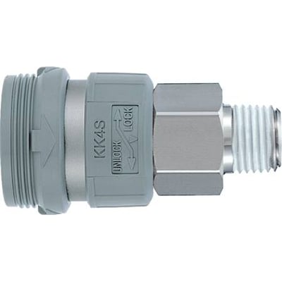 SMC S-kobling KK-serie med udvendigt gevind R1/4", viser UNLOCK og LOCK indikatorer på grå plasthus.