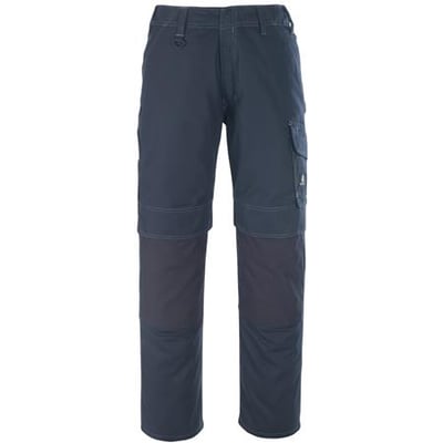 Mascot Houston arbejdsbuks i mørk marinefarve med trenålssømme, lav talje og ergonomisk formede bukseben. Forstærkede lommer og synlig D-ring.