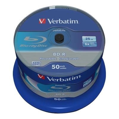 Verbatim BD-R SL Datalife 25GB diske, pakke med 50 stk. monteret på en blå spindel, med tydelig branding og kapacitetsinformation.