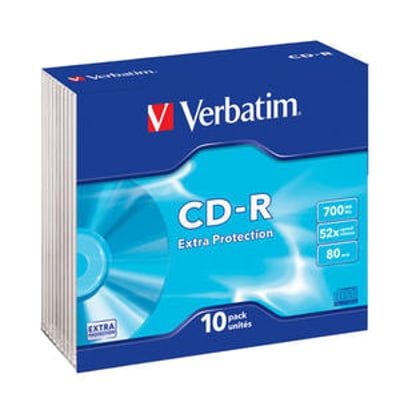 Verbatim CD-R 700MB 52X Extra Protection i 10-pak med blå slim cases, fremviser skivens kapacitet og hastighed.