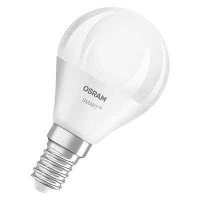 OSRAM SMART+ RGBTW E14-kronepære fra Ledvance med mat, hvid kuppel og synlig skruefatning.