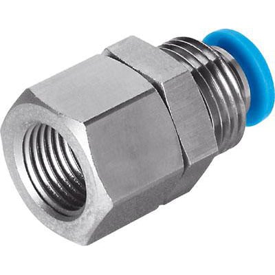 Festo QSSF-1/2-12-B skotforskruning med indvendigt gevind og push-in tilslutning i metal med blå udløserring.