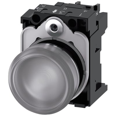 Siemens 22mm rund signallampe i metal med højglans finish og klar linse, vist fra siden med skrueterminaler.