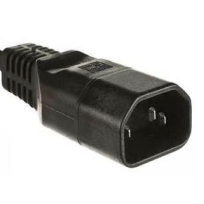 MicroConnect IEC C14 stikadapter med lige udgang og sort finish på hvid baggrund.