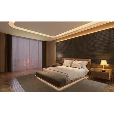 Philips Master Ultra Efficient LED-pære i neutral hvid, monteret i et stilfuldt soveværelsesarmatur med indirekte belysning.