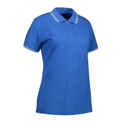 ID Identity klassisk dame poloshirt i azurblå med stretch og hvid kant på kraven og ærmerne.