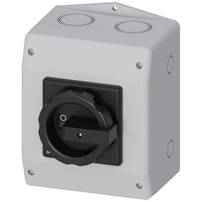Siemens SENTRON 3LD2 hovedafbryder, 3-polet og 63 A, i gråt kabinet med sort drejegreb set forfra.