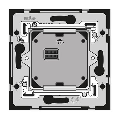 Bagside af Niko Home Control indsats til bevægelsessensor, viser monteringsmekanismer og tilslutningsport i grå nuancer.