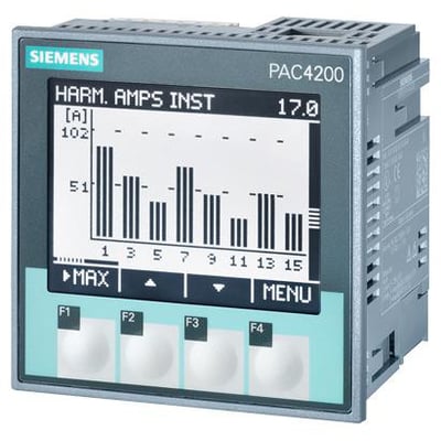 Siemens SENTRON 7KM PAC4200 måleenhed med LCD-display, der viser harmoniske ampere og en graf over målinger.