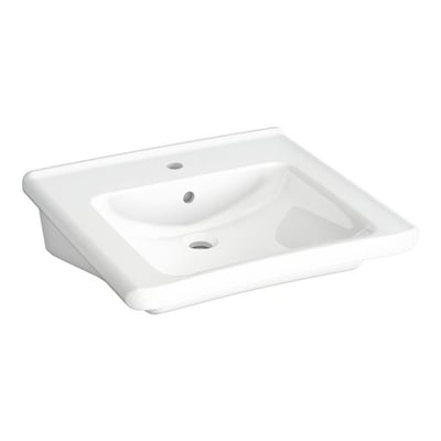 Hvid, firkantet Gustavsberg Public 4G8060 C+ håndvask med centralt hanehul og overløb, 600 x 550 mm.