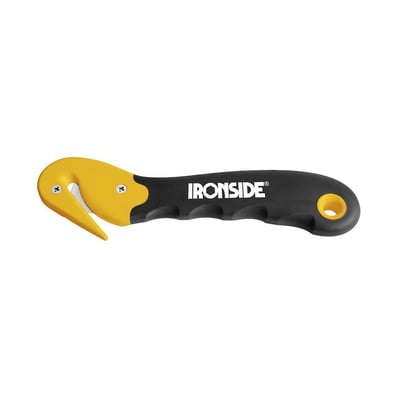Ironside sikkerhedskniv med gult hoved, sort gummihåndtag og rundt knivblad på 27 mm, set fra siden.