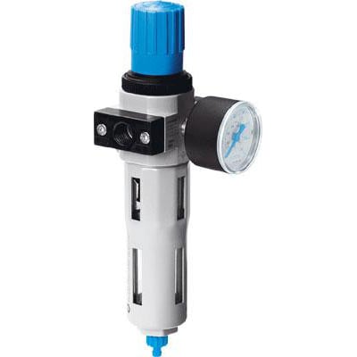 Festo LFR-1/8-D-7-MINI filterregulator med blå top og manometer, der viser ren lufttilførsel til pneumatik.