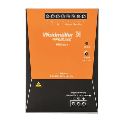 Nærbillede af Weidmüller PROmax strømforsyningens frontpanel med terminaler for 24VDC 20A output og inputinformation.
