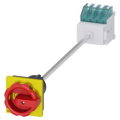 Siemens 4-polet nødafbryder, 16A, med rødt/gult drejegreb og grøn terminaldæksel monteret på en aksel.