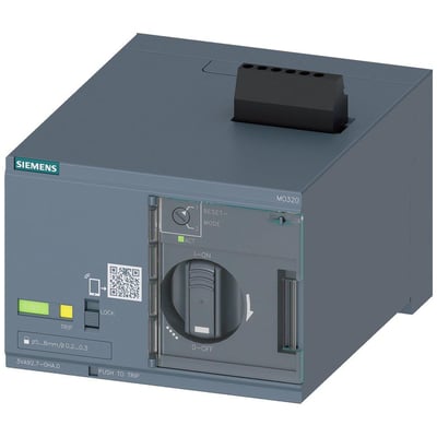 Siemens motoroperatør 3VA9 til 3VA2 støbte afbrydere, med et gråt kabinet og tydelige knapper til on/off og reset-funktioner.