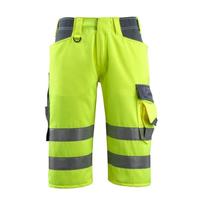 Mascot Luton hi-vis shorts i gul med grå detaljer og reflekser, vist forfra på hvid baggrund.