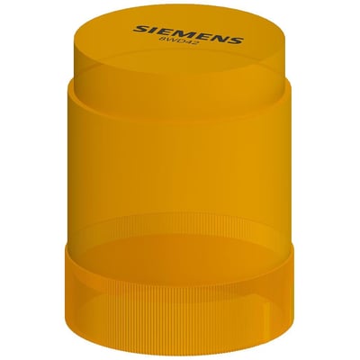 Siemens gul signallampe med integreret LED, 230V, 50 mm diameter, med tydelig Siemens-logo på toppen.