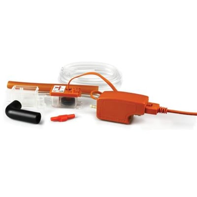 Kondensvandspumpekit fra Dantherm til HCC2 med orange pumpe, gennemsigtig slange og tilslutningsdele.
