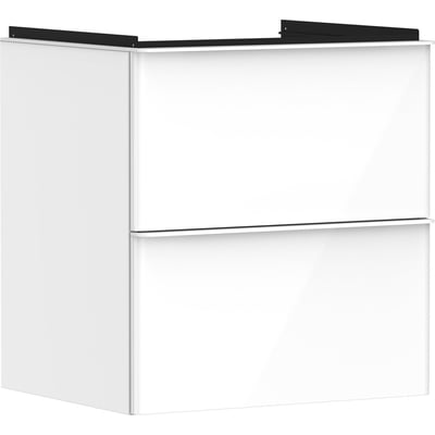 Væghængt Hansgrohe Xelu Q vaskeskab i hvid højglans, viser den rene front med to skuffer og monteringsbeslagene øverst.