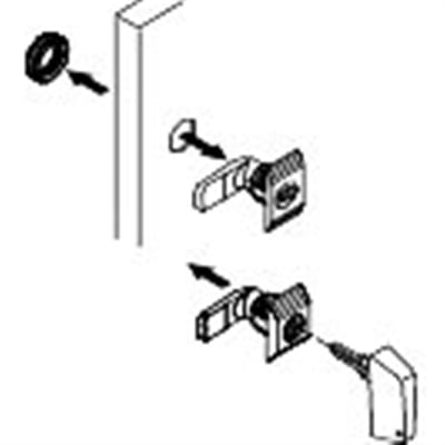 Diagram af Schneider Electric nøglelås 220 med to nøgler og en plastik cam, klar til montering.